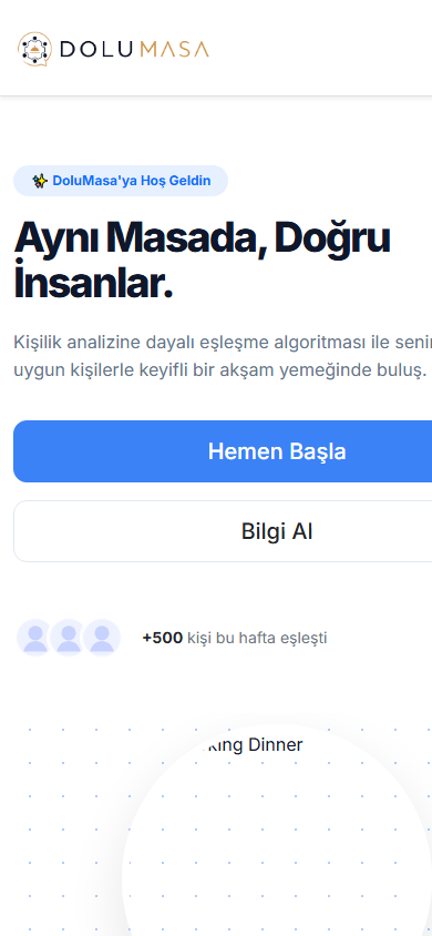 DoluMasa gerçek mobil ana sayfası