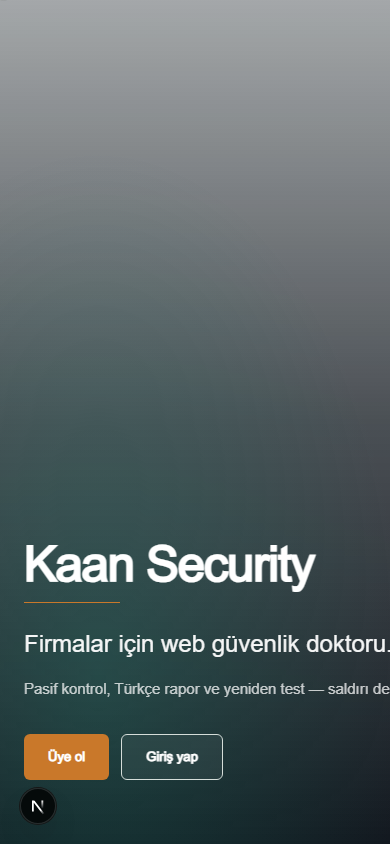 Kaan Security Platform gerçek mobil ana sayfası