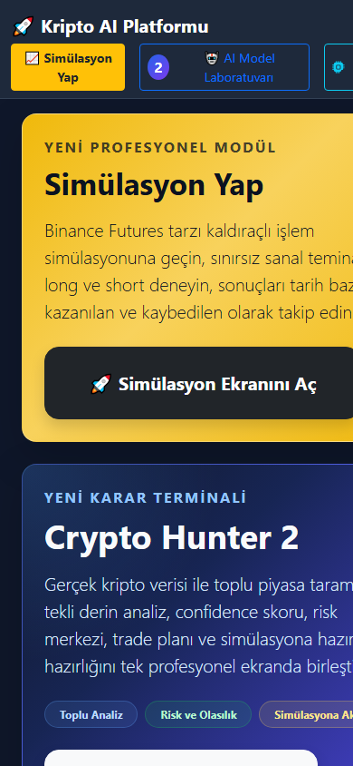 Kripto AI Analiz Platformu gerçek mobil ana sayfası
