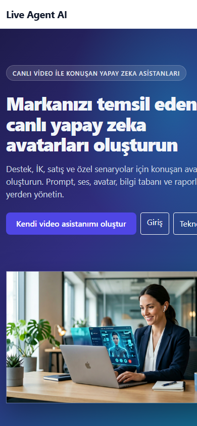 Live Agent AI gerçek mobil ana sayfası